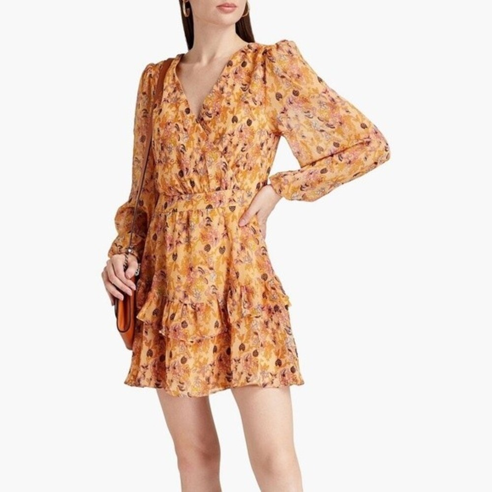 Walter Baker Dress Mishka Central Park Gold Yellow Boho Ruffle Long Sleeve Mini